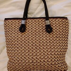 Brighton Braided Tan and Brown Tote Woven Straw Leather Handle With Silver Charm